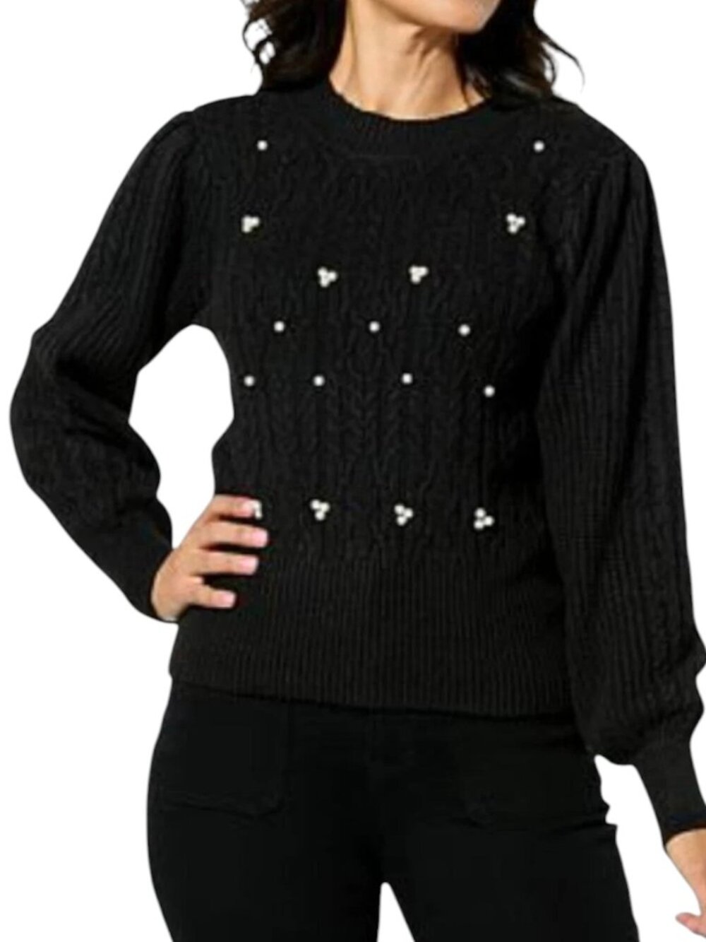 Jaclyn Smith Women's Puff-Sleeve Cable Knit Sweater Black 1X NWT